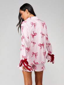MISSGUIDED 蝴蝶结印花睡衣套装，纽扣长袖衬衫，荷叶边下摆，休闲短裤睡衣 - 粉色 - 查看 2