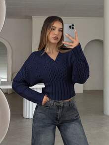Aloruh 女士休闲宽松V领长袖毛衣，麻花针织纹理，藏蓝色，适合秋冬季户外穿着 - 藏蓝色 - 查看 6
