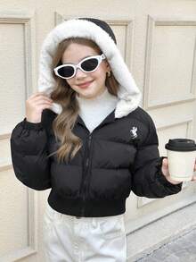 SHEIN Chaqueta casual de moda simple con cremallera, acolchada y engrosada para invierno, con capucha acolchada y bordada, de longitud cropped, cómoda y minimalista para niñas preadolescentes - Negro - Ver 7