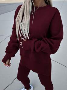 INAWLY Setelan 2 Potong Atasan dan Celana Panjang Lengan Panjang Leher Bulat Minimalis Warna Polos Ukuran Plus untuk Pemakaian Sehari-hari - Burgundy - View 7