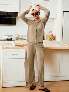 Lazeform纽扣柔软亲肤男女通用时尚家居服套装，舒适优雅细节，秋冬服装 - 駝色 - 查看 5