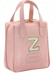 大容量旅行化妆包，带字母大小的化妆品收纳袋，便携式PU皮革防水洗漱包，带隔层和提手，浴室收纳整理，旅行必备，邮轮必备，旅行配件，浴室收纳，珠宝收纳，唇膏收纳，指甲油收纳，复活节礼物，伴娘礼物，母亲节礼物 - 粉色 - 查看 24