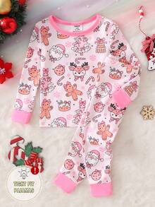 2pcs Girls Christmas Tree Print Long Sleeve Snug Fit Pajama Set, Pink Girls Christmas Pajamas Matching Pajama Set For Kids Gingerbread Pajamas - Baby Pink - View 8