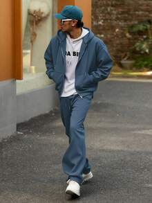 DAZY Navy Blue Men's Hooded Sweatshirt Set With Thermal Lining, Zip-Up Front, Autumn/Winter - Navy Blue - View 4