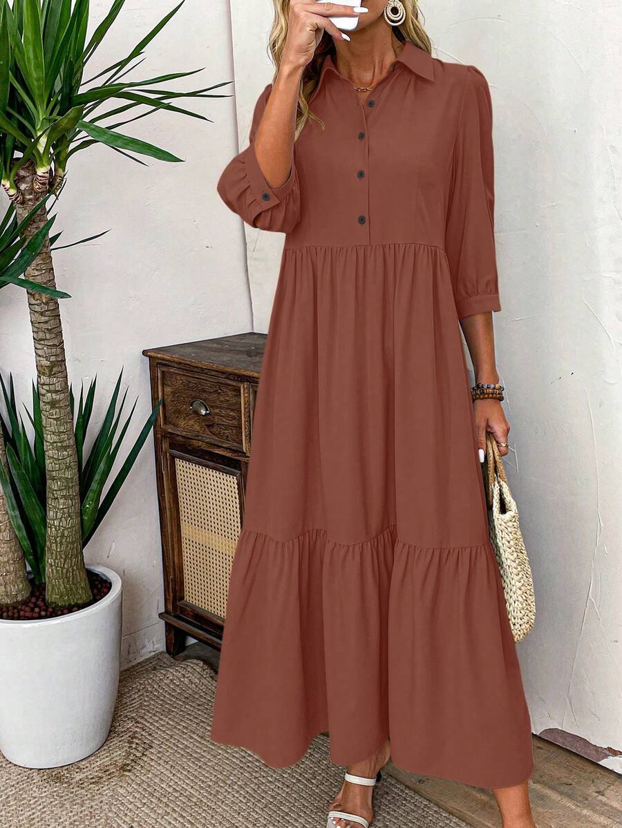EMERY ROSE 女式纯色休闲短袖连衣裙长款女装 - 棕色 - 查看 1
