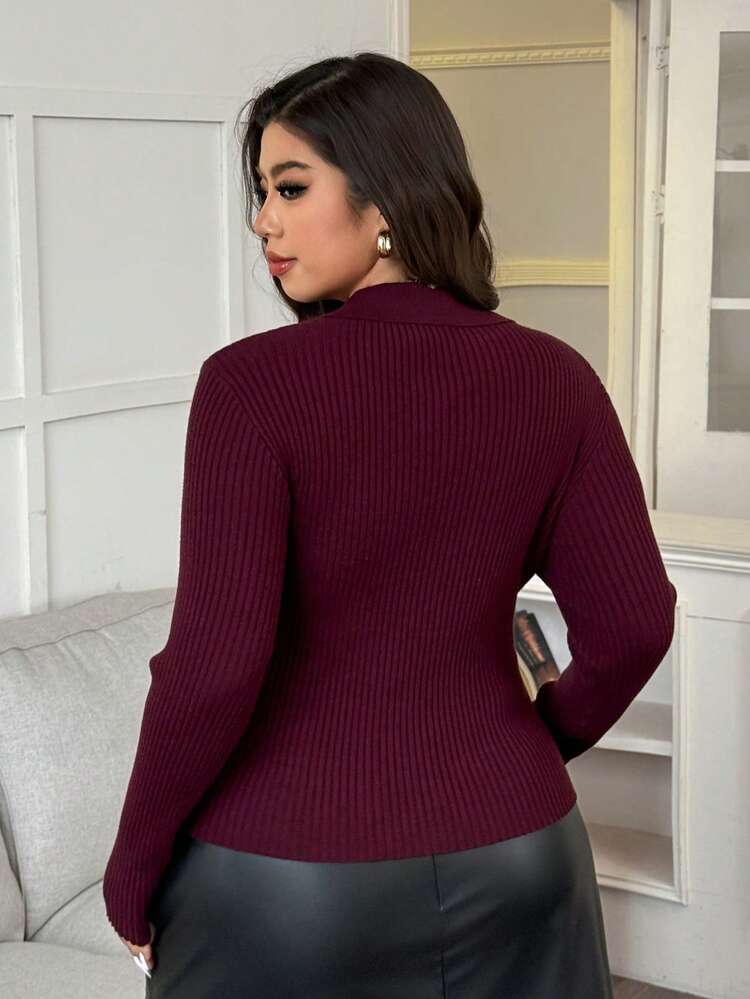 Dazy Plus Valentine Plus Size Women V-Neck Elastic Fitted Ribbed Knit Pullover Sweater, Elegant For Autumn/Winter