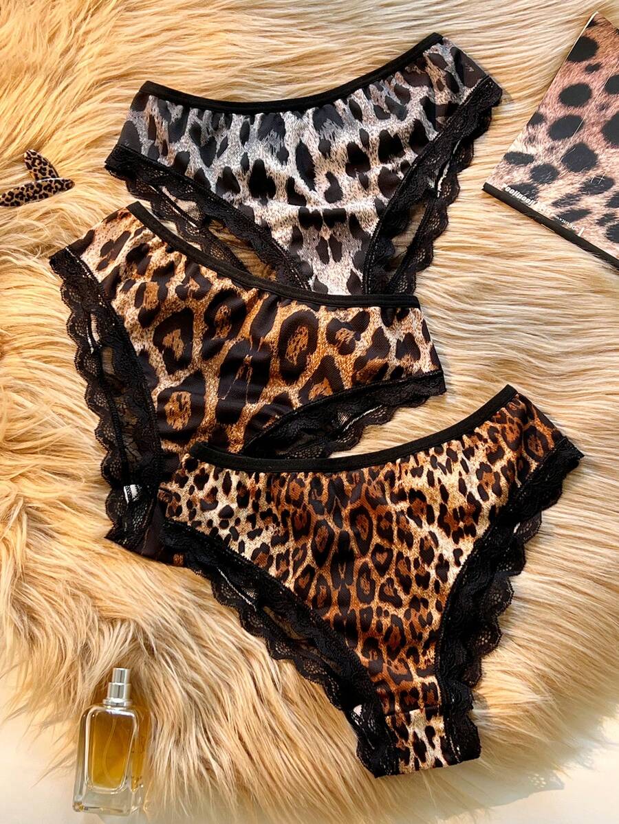 3pcs/Set Women's Contrast Lace Leopard Print Sexy Panties ClassicAnimalPrint - Multicolor - View 1