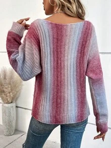 EMERY ROSE 女士渐变色长袖休闲宽松套头毛衣，秋冬款 - 紫色 - 查看 2