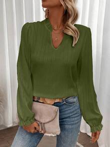 EMERY ROSE Blouse de mode à manches longues col V avec volants, couleur unie pour femmes