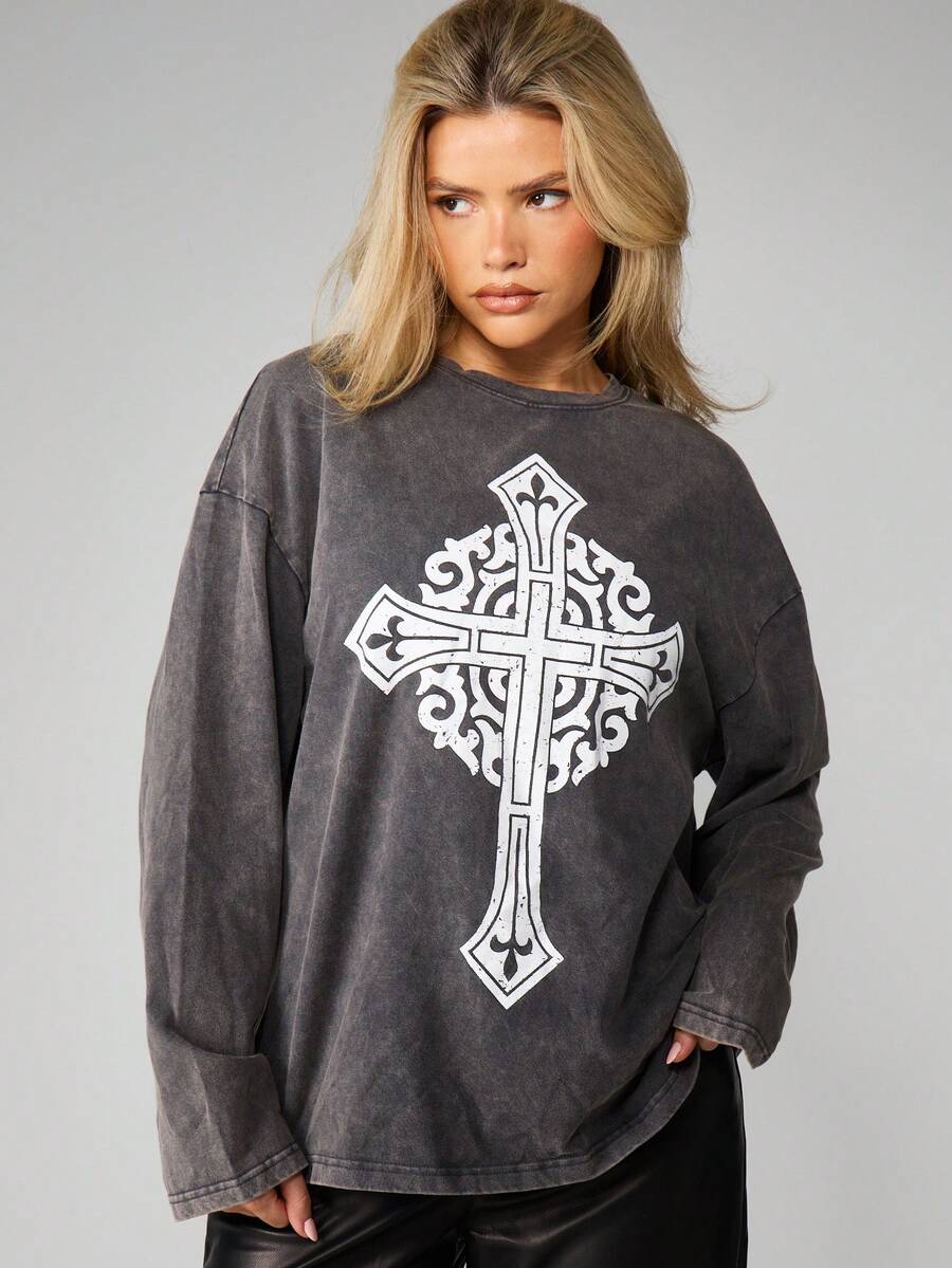 MISSGUIDED Oversized Langarm Grafik Kreuz Design Vintage gewaschenes Baumwollmischung Rundhals T-Shirt für Lässig Wear - marineblau - Übersicht 1