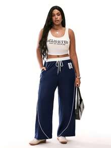 Solavibe Plus Size Contrast Color Pocket Drawstring Elastic Waist Straight Leg Casual Printed Sweatpants,Vacation - Navy Blue - View 1