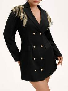 GENKIRA 时尚优雅3D翼形串珠装饰双排扣长袖西装短款连衣裙 - 黑色 - 查看 4