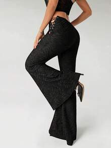 SHEIN ICON Women's Knitted Jacquard Semi-Sheer Side Hollow Lace-Up Flare Pants, Low Waist - Black - View 2
