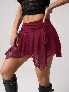 SHEIN ICON 性感撞色蕾丝不对称下摆铅笔裙 - 酒紅色 - 查看 3