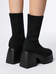 Sugerpunk Women's Gothic Round Toe Chunky Heel Mesh Elastic Ankle Boots, Outdoor Slip-On Mid-Calf Boots, Spring/Autumn New Style - Black - View 5