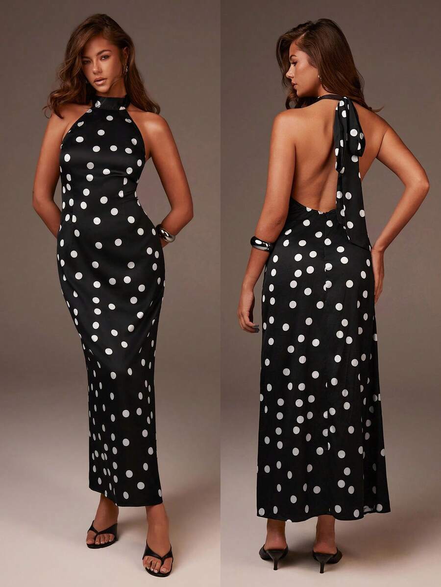 COSMINA 女式圆点露背吊带连衣裙 - 黑與白 - 查看 1