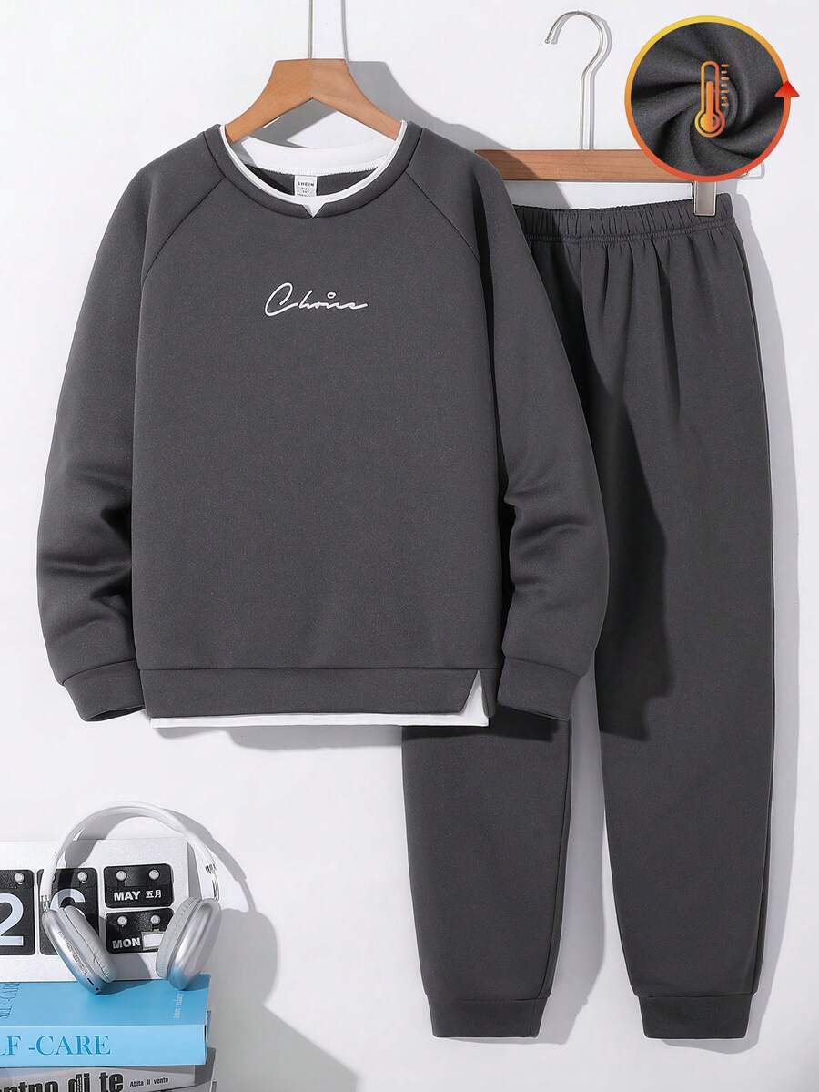 SHEIN Tween Boy Casual 2 In 1 Sweatshirt And Sweatpants Set - Dark Grey - View 1
