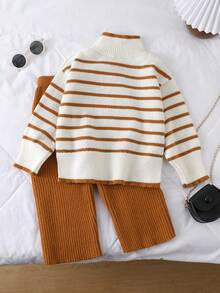 Young Girl' Thick Knit Turtleneck Sweater And Pants Set, Autumn/Winter - Brown - View 2