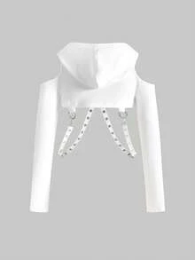 ROMWE Grunge Punk 女士短款运动衫，饰有镂空链条拼接 - 白色 - 查看 2
