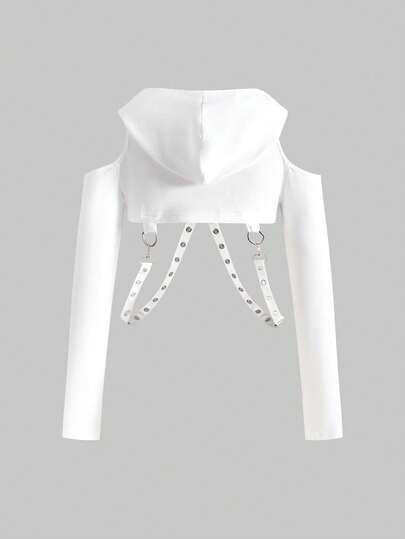 Grunge Punk sweat-shirt à capuche court pour femmes avec patchwork de chaîne à œillets