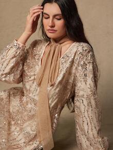 Freevana 大码女式V领长袖亮片网眼优雅连衣裙 - 杏色 - 查看 3