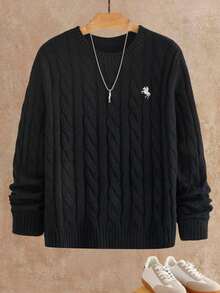 HIMLAND 男士时尚百搭圆领长袖毛衣，秋冬 - 黑色 - 查看 1