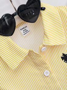 SHEIN Playful Pals 女婴春秋休闲简约时尚两件套，黄白条纹翻领长袖衬衫，黑色刺绣装饰，搭配同色系裤子，适合日常开学季 - 黃色 - 查看 4
