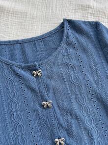 Soleia Casual For Women Women's Casual Vacation Style Schiffy Metallic Bow Decor Short Sleeve Top - Blue - View 6