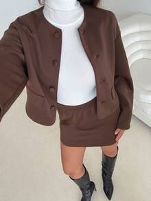 Aloruh Coffee-Color Suit Jacket + Skirt Set, Autumn/Winter Fashion Brown - Coffee Brown - View 5