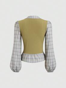 Sweetra Women's Retro 2 In 1 Plaid Patchwork Long Sleeve Shirt Blouse, Stylish Design, Suitable For Spring And Autumn - Army Green - View 2