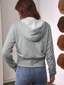 SHEIN LilyWest Women's Western Style Casual Metal Zipper Oblique Collar Thermal Lined Patchwork Ribbed Sweatshirt - Grey - View 2