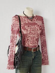 LanaWest Women's Western Ditsy Floral Knit Mesh Long Sleeve Fitted Top - Coffee Brown - View 1