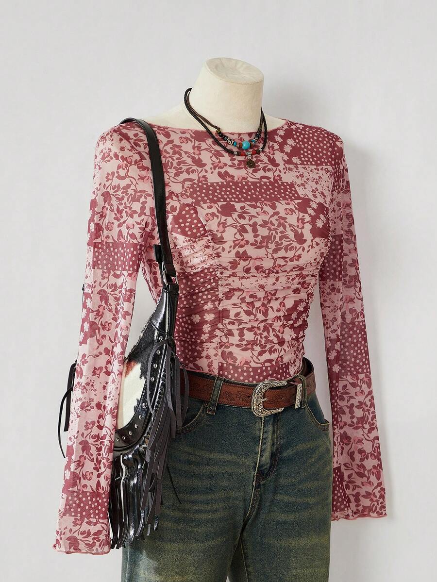 LanaWest Women's Western Ditsy Floral Knit Mesh Long Sleeve Fitted Top - Coffee Brown - View 1