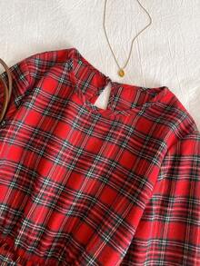 Teen Girl Round Neck Lantern Sleeve Pleated Plaid Casual Dress - Red - View 2