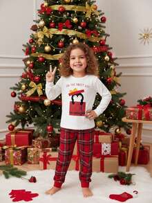 2pcs Christmas Pajamas For Young Girl, White Long Sleeve Top With Cute Gift Box & Penguin Print, Paired With Red Plaid Long Sleeve Knit Elastic Fabric Pants, Soft & Comfortable Christmas Sleepwear Set Christmas Pajamas For Kids Christmas Pajamas For Girl Matching Family Kids Christmas Pajamas Christmas Gifts Christmas Decorations Snug Fit Tight Fit Pajamas