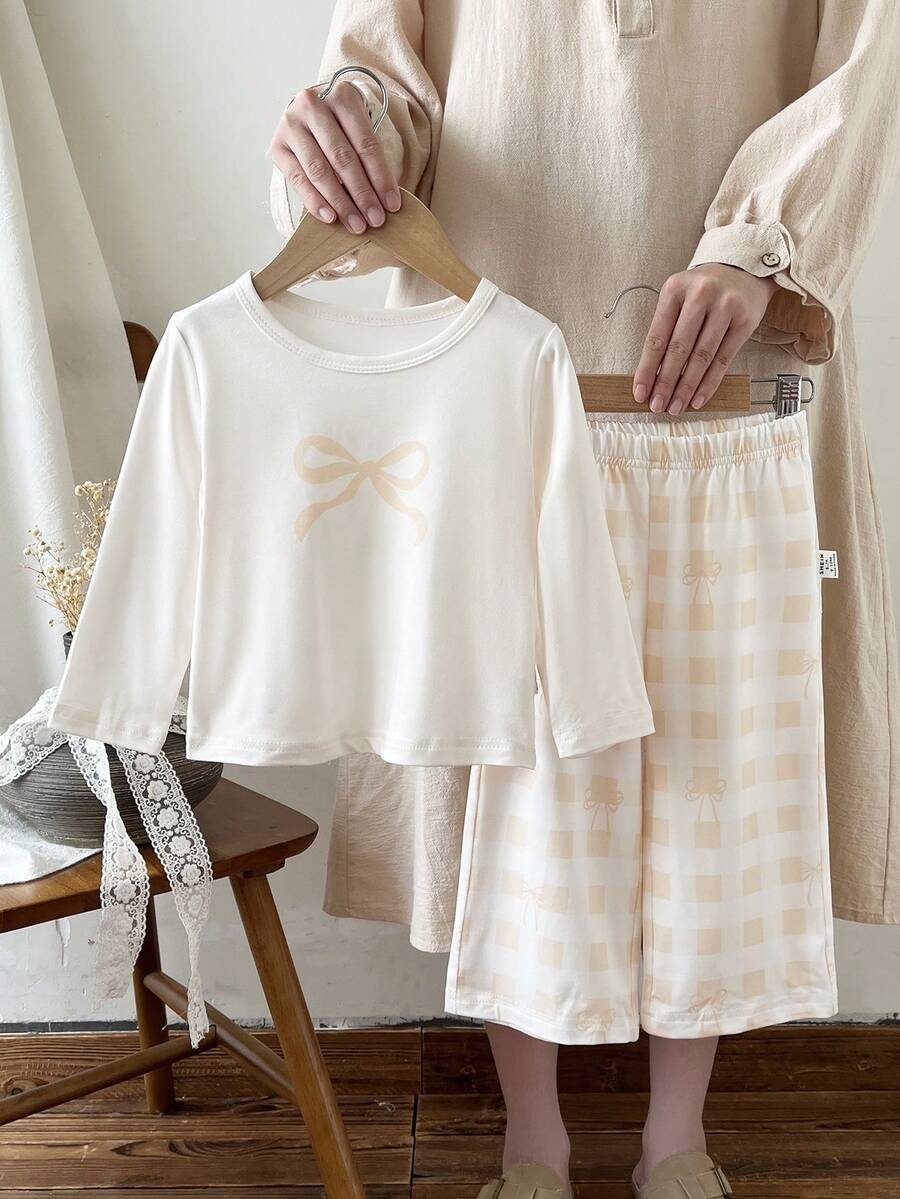 SHEIN 2pcs Baby Girl Newborn 0-3 Years Cute Cream White Bow Decor Long Sleeve Top & Pants Set,Autumn Family Matching Knit Casual Versatile Outfit - Beige - View 1
