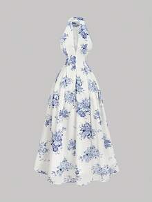 SHEIN MOD 系带领蓝白花卉印花雪纺连衣裙 - 藍白色 - 查看 2