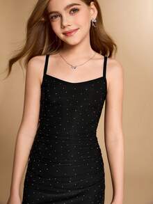 Tween Girl Elegant Party Rhinestone Strap Dress - Black - View 7