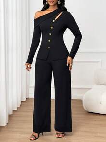 SHEIN Lady 女士时尚休闲纯色斜肩上衣和裤子两件套 - 黑色 - 查看 7