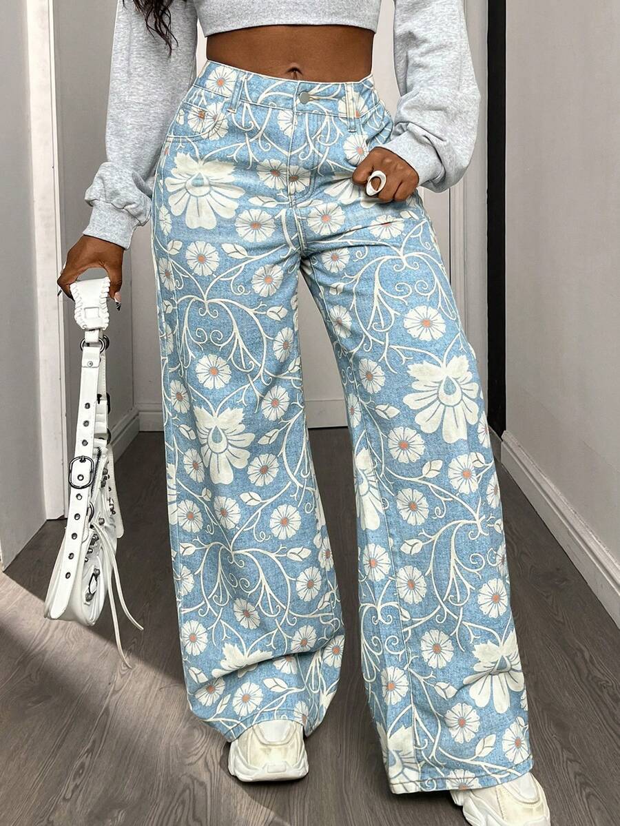DAZY Women's Ditsy Floral Straight Leg Loose Maxi Pants Y2k Women Jeans - Blue - View 1