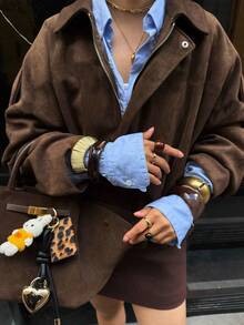 Siren Gaze 2025 Autumn/Winter Women's Faux Suede Collar Jacket, Loose Fit, Elegant,Brown Jacket Casual Spring - Brown - View 5