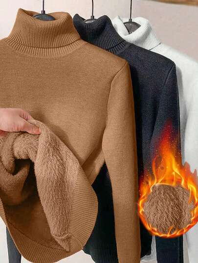 Franclia Set de 3 piezas de suéter de cuello alto de manga larga con costillas y forro térmico grueso para otoño/invierno