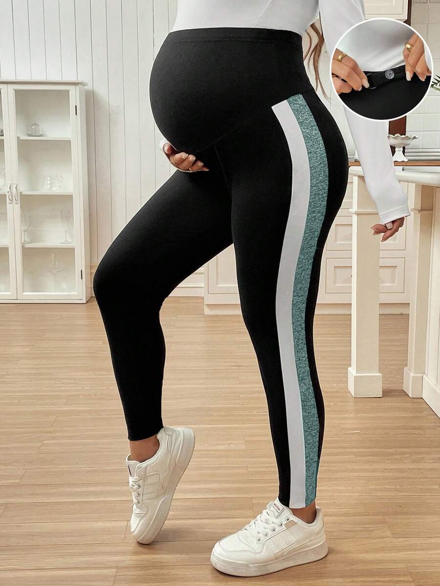 SHEIN Adjustable Waist Maternity Side Stripe Casual Leggings - Black - View 1