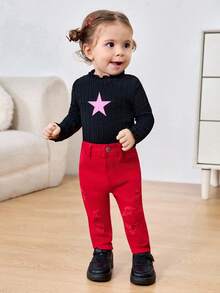Baby Cute GirlRed Denim Ripped Skinny Jeans,Fall Clothes,Winter Clothing ,Casual And Fashionable Vacation Outfits,Girl Black Denim Jeans,Girl Christmas Jeans,Children's Party Outfits, - Red - View 6