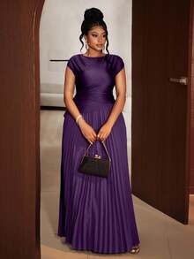 Maweii Plus Size Women Elegant Solid Color Pleated Round Neck Sleeveless Dress - Purple - View 5