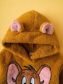 TOM & JERRY X SHEIN 2pcs/Set Young Girl Cute Cartoon Jerry Embroidered Hoodie & Sweatpants Knit Brown Casual Sports Outfit - Brown - View 3