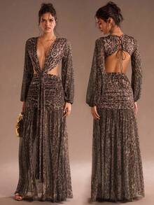 SHEIN Glamour 性感豹纹 V 领露背透视长袖超长连衣裙、舞会礼服、狂欢节礼服、秋季服装、音乐会礼服、约会晚礼服、女士生日礼服、俱乐部礼服、万圣节礼服、派对必备、街头服饰 - 彩色 - 查看 1