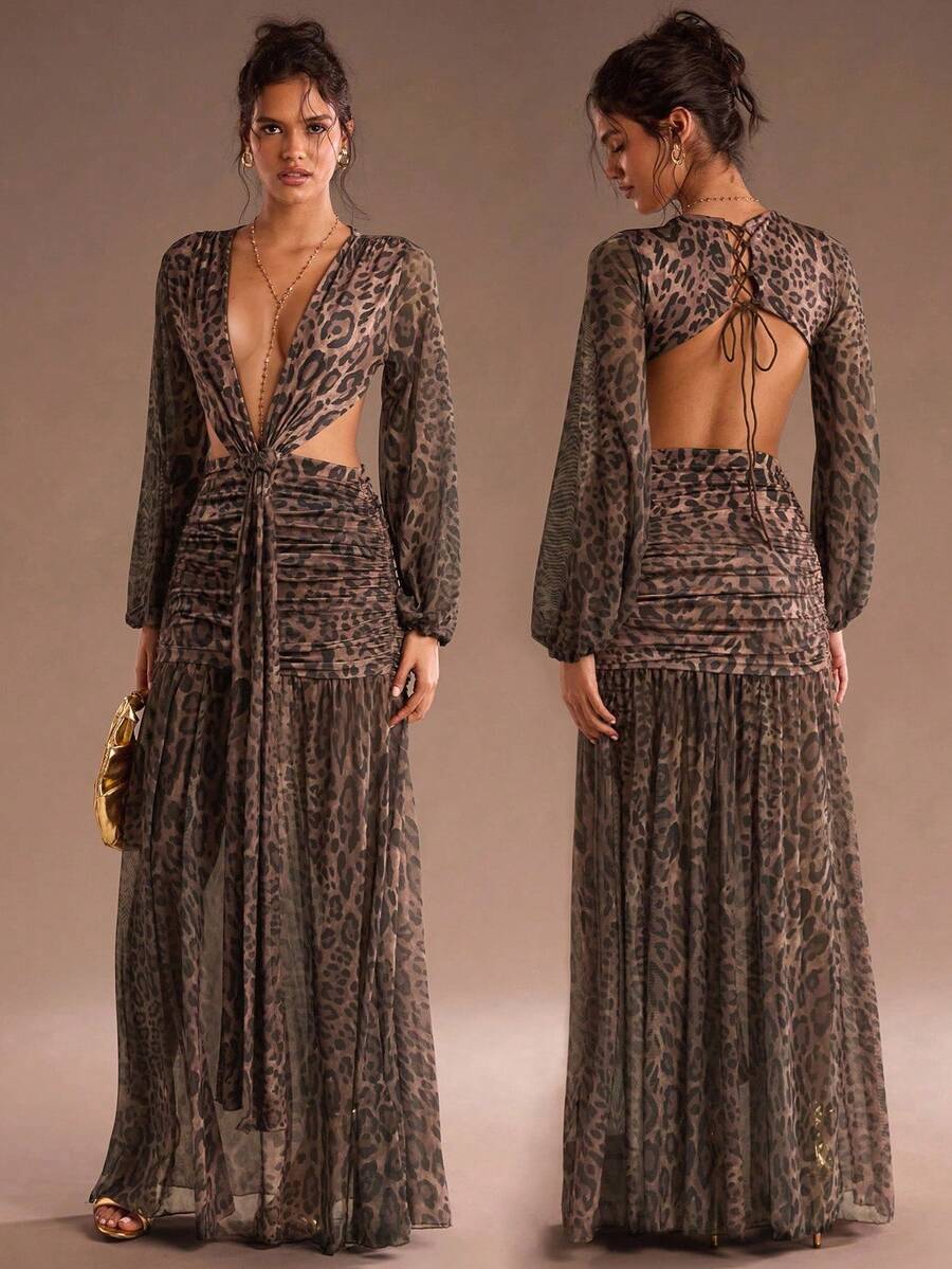 SHEIN Glamour 性感豹纹 V 领露背透视长袖超长连衣裙、舞会礼服、狂欢节礼服、秋季服装、音乐会礼服、约会晚礼服、女士生日礼服、俱乐部礼服、万圣节礼服、派对必备、街头服饰 - 彩色 - 查看 1