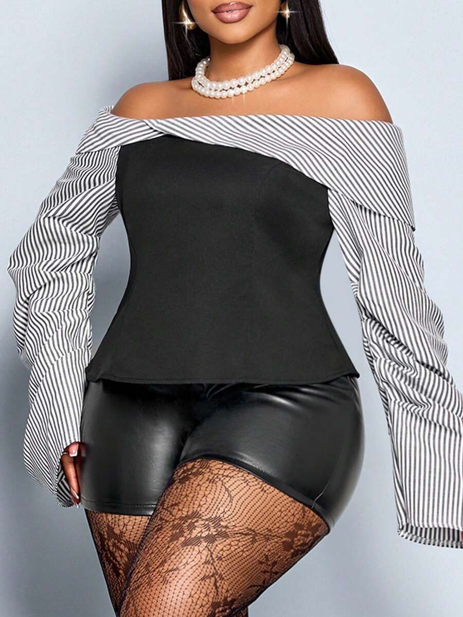 SOLERSUN Camisa Plus Size de Outono com Listras Pretas e Brancas, Camisa Elegante de Manga Longa com Cintura Plissada e Ombros à Mostra para Festa de Casamento Feminina - Preto - Visão 1
