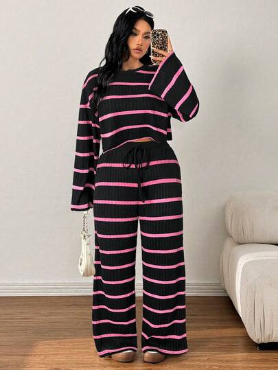 SHEIN EZwear Conjunto de 2 piezas de top de manga larga a rayas y pantalones, informal y de talla grande, para otoño